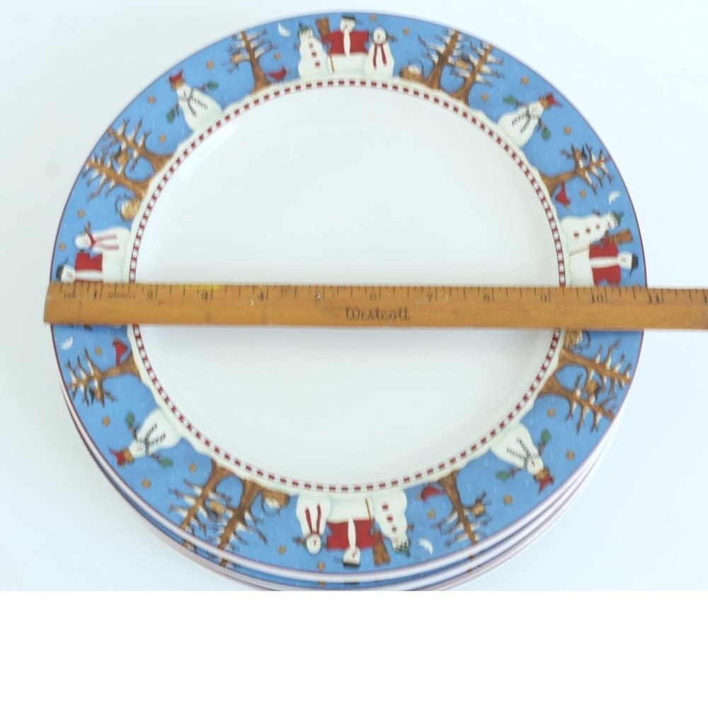 Sakura Debbie Mumm Snowman Dinner Plates Stoneware Blue White Set of 4 11.25" - Picture 5 of 8